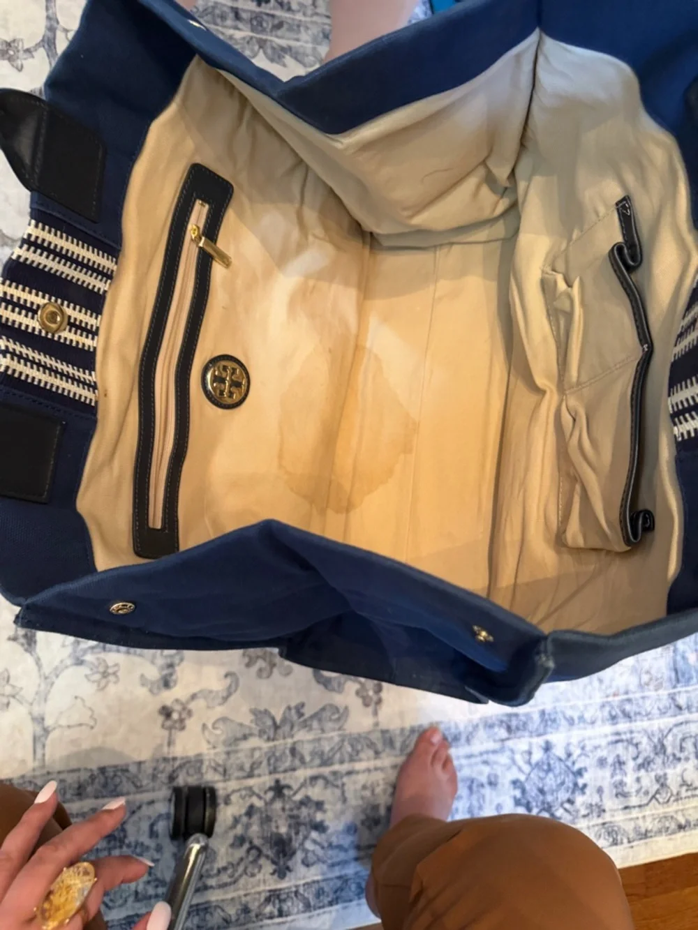 Tory Burch Navy Canvas Tote with Striped Center and Black Handles - Picture 2 of 2